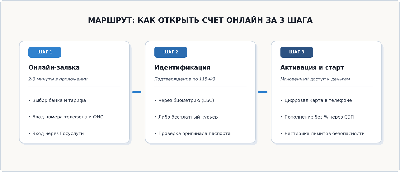 Маршрут открытия банковского счёта онлайн: заявка, идентификация и активация